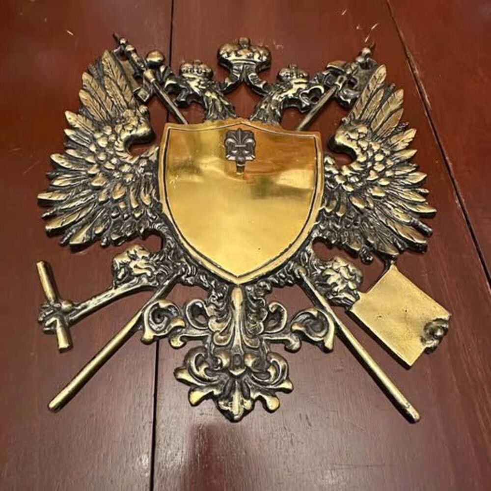 Mid Century German Nordic Heraldry Large Brass Coat of Arms Wall Plaque Vintage